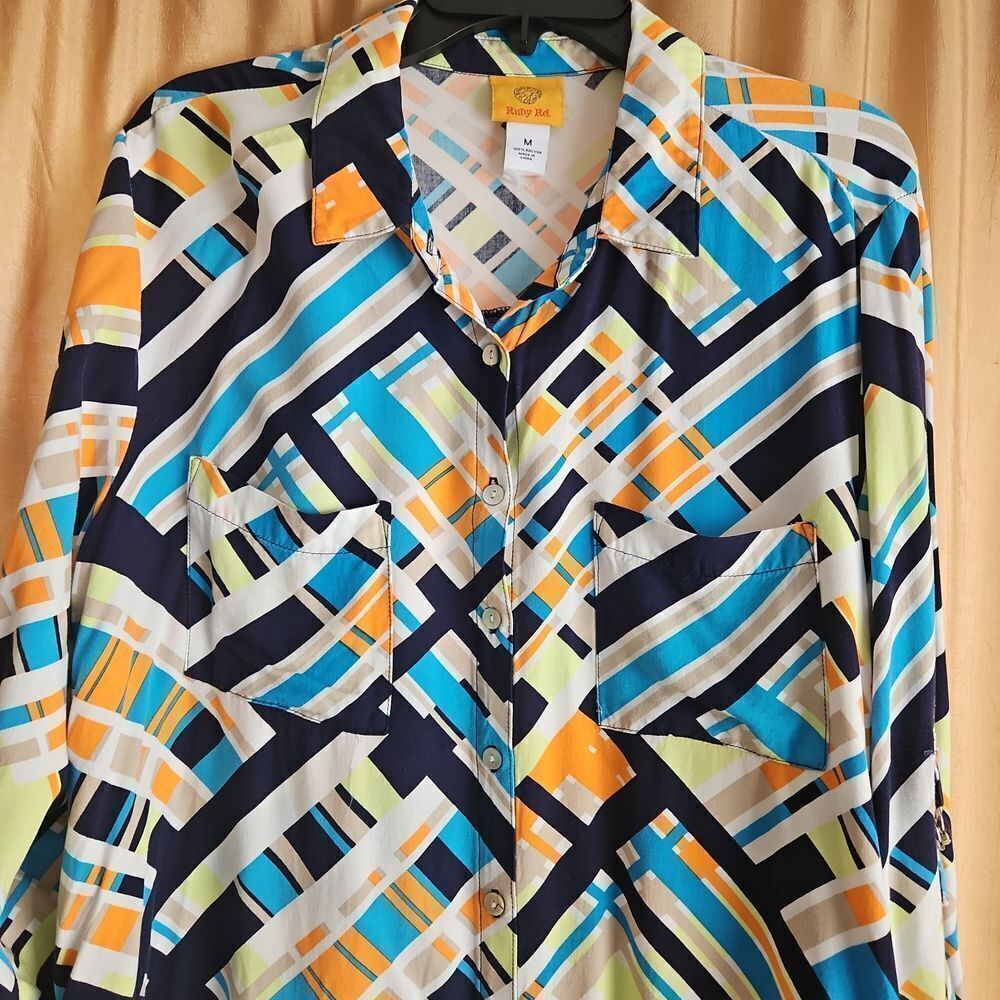 Ruby Rd. Colorful Button Down Geometric Women's Top - Picture 2 of 8